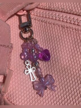 Pink Beaded Heart & Bow Key Charm Holder
